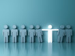 © masterzphotofo - Stand out from the crowd and different creative idea concepts , One glowing light man standing with arms wide open among other people on green background with reflections and shadows . 3D rendering.