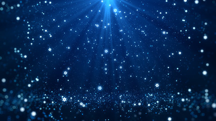 Wall Mural - christmas greeting background (blue theme) with snowflakes, shine lights and particles bokeh in styl