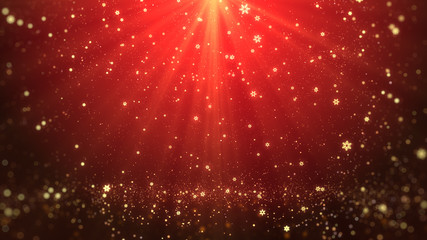 Wall Mural - christmas greeting background (red theme) with snowflakes, shine lights and particles bokeh in styli