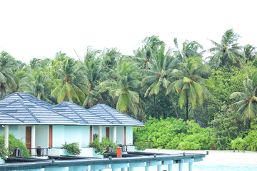 Sticker - View of modern beach houses on piles at tropical resort