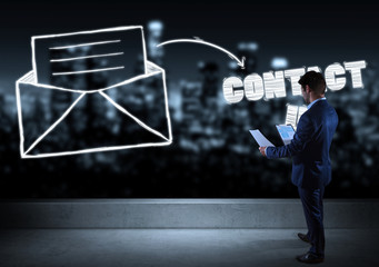 Poster - Businessman watching e-mail sketch on a rooftop 3D rendering