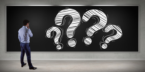 Poster - Businessman watching a question mark sketch on a board 3D rendering