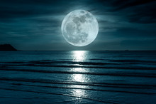 Super Moon. Colorful Sky With Cloud And Bright Full Moon Over Seascape.