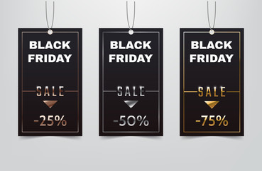 Poster - Black friday sale tag collection. Bronze, silver, gold discount coupon with 25,50,75 percent off. Modern minimalistic rectangular discount labels. Applicable for advertising, flyers, banners, posters.