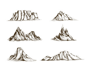 Poster - Collection of mountains hand drawn in vintage style. Set of beautiful retro drawings of different rock cliffs and peaks isolated on white background. Vector illustration.