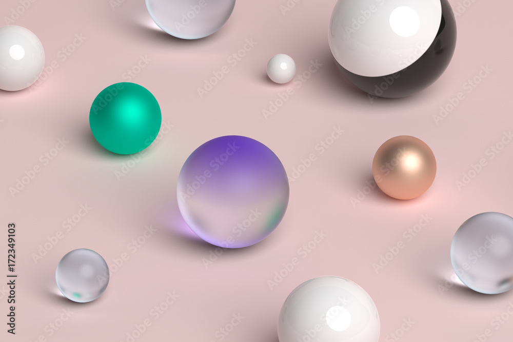 Abstract 3d rendering of geometric shapes. Composition with spheres ...