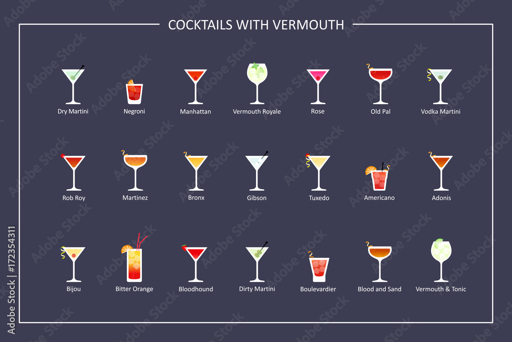 Cocktails with vermouth guide, flat icons on dark background. Horizontal orientation. Vector - obrazy, fototapety, plakaty 