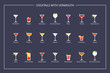 Cocktails with vermouth guide, flat icons on dark background. Horizontal orientation. Vector