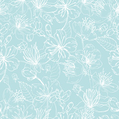 Aufkleber - Elegant floral seamless pattern with tender blooming flowers of Japanese sakura tree hand drawn with white lines on blue background. Vector illustration for wallpaper, textile print, wrapping paper.