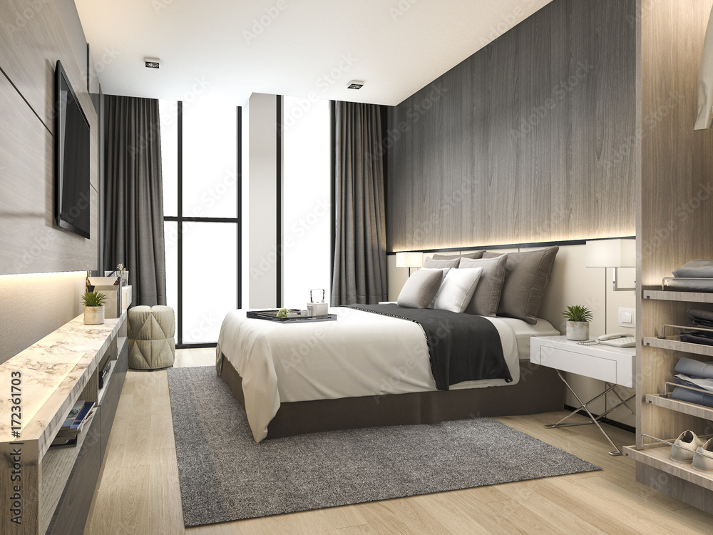 3d rendering luxury modern bedroom suite in hotel with wardrobe and walk in closet - obrazy, fototapety, plakaty 