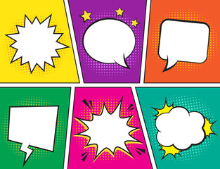Wall Mural - retro comic empty speech bubbles set on colorful background. vector illustration, vintage comic desi