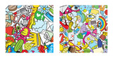 Fototapeta Młodzieżowe - Set of Graffiti pattern with urban lifestyle line icons. Crazy doodle abstract vector background. Trendy linear style collage with bizarre street art elements.