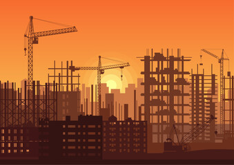 Poster - Tower cranes on construction site in sunset. Buildings under construction in sunrise. City skyline silhouette vector illustration.