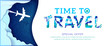 Time to travel banner with abstract paper cut cloud. Origami papercut style Special offer. Vector illustration.