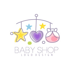 Canvas Print - Baby care logo design, emblem with baby bed carousel, label for kids club, baby or toys shop and any other children projects colorful vector Illustration