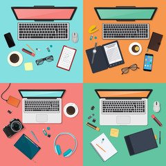 Poster - Workplace concept set. Modern gatgets top view. Flat design vector illustration.