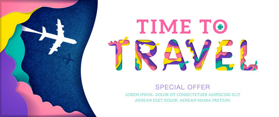 Colorful Time to travel banner with abstract paper cut cloud. Origami papercut style Special offer. Vector illustration.