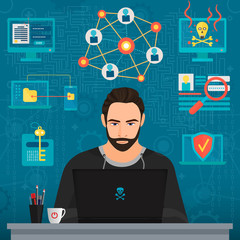 Poster - Vector illustration of bearded coder hacker thoughtful man thinking at table.
