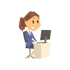 Sticker - Smiling businesswoman character in formal wear working on a computer at her office desk, business person at work cartoon vector illustration