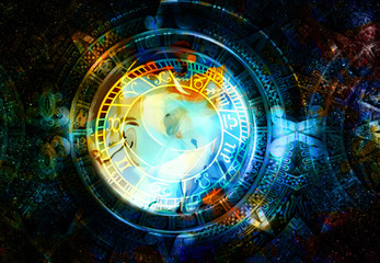 Fototapete - Zodiac collage in cosmic space. Abstract color background.