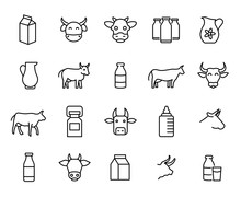 Premium Set Of Milk And Cow Line Icons. 