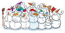 Happy Snowmen Group Cartoon Illustration