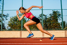 Runner Sprinting Towards Success On Run Path Running Athletic Track. Goal Achievement Concept.