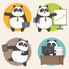 Set of cute panda character at work. Vector illustration