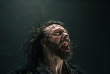 Portrait Of A Brutal Bald-headed Viking In A Battle Mail Posing Against A Black Background.