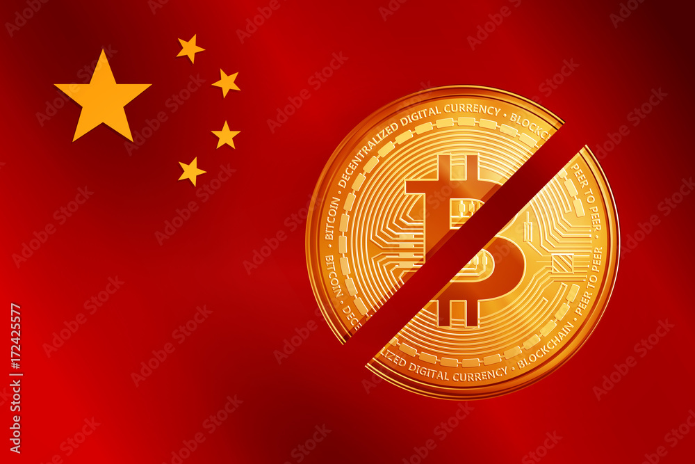 Crossed out golden bitcoin coin on the China flag. Crypto currency golden coin bitcoin symbol on China flag background.