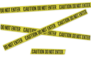 assorted sections of yellow warning tape with words saying caution do not enter isolated on a white 