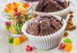 chocolate muffins in paper cupcake holder