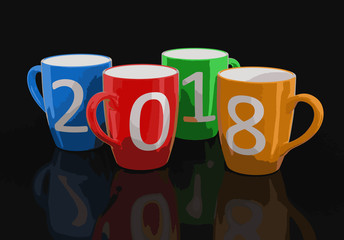 Poster - New Year 2018 on color cups. Image with clipping path