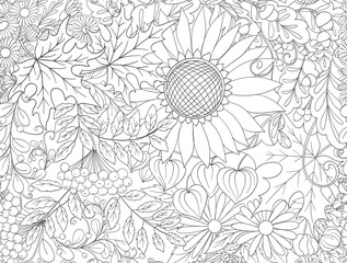 Wall Mural - Seamless pattern, background with autumn flowers, leaves and pla