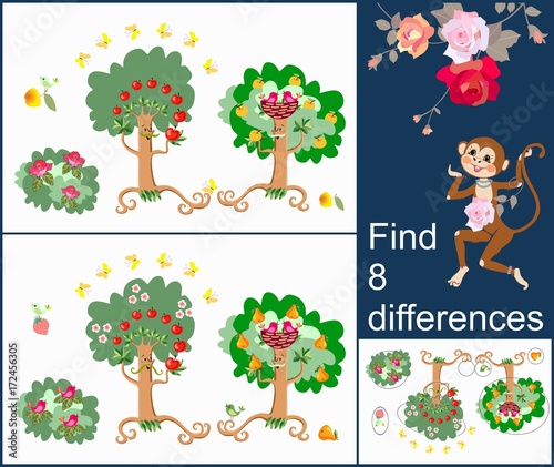 Find 8 Differences Visual Game For Developing Attention For Children And Adults With Cheerful Unusual Characters Fruits Tree Birds And Butterflies In Lovely Magic Garden Buy This Stock Vector And Explore