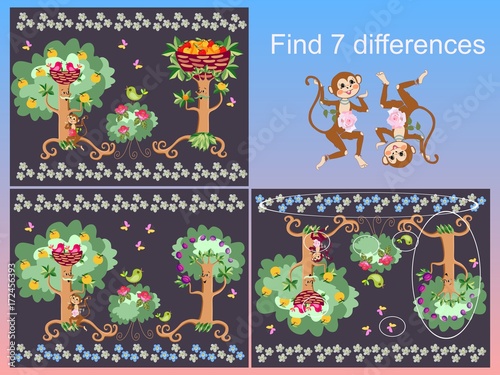 Find 7 Differences Visual Game For Children And Adults With Cheerful Unusual Characters Funny Monkeys And Birds In Lovely Magic Garden Buy This Stock Vector And Explore Similar Vectors At Adobe Stock