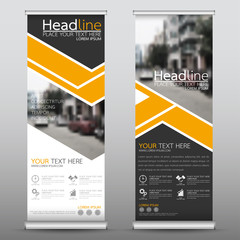 Roll up business banner design vertical template vector, cover presentation abstract geometric background, modern publication display and flag-banner, layout in rectangle size.