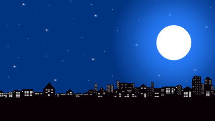 silhouette scene of the city and night sky with stars and full moon.