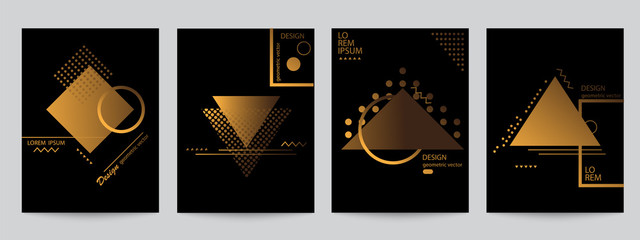 Wall Mural - set of black covers with minimal design and gold geometric forms