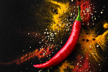 Red Hot Pepper. A Mixture Of Spicy Seasonings. View From Above