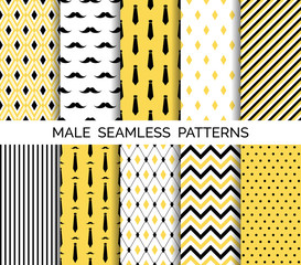 Wall Mural - set of printable vector male seamless patterns. black and yellow neckties, mustaches, chevron