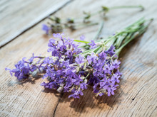 Lavandula Or Lavender Flowers On The Wooden Background.