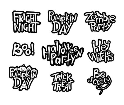 set of black and white halloween hand drawn lettering one style. trick or treat, pumpkin day, fright