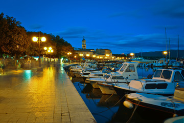 This is a view of Krk city coast at night. September 3, 2017. Krk, Croatia.