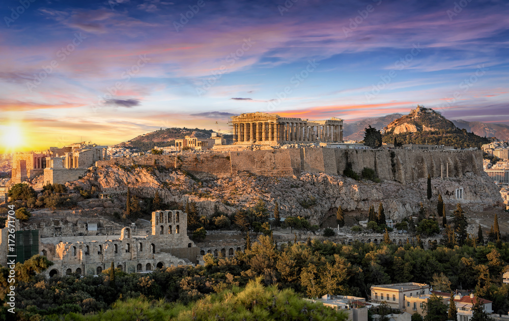 Obraz na płótnie Die Akropolis von Athen, Griechenland, bei Sonnenuntergang w salonie