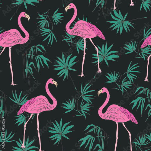 elegancki-egzotyczny-wzor-z-wspaniale-rozowe-ptaki-flamingow-i-zielonych-lisci-palmowych-recznie-rysowane-na-ciemnym-tle-ilustracja-wektorowa-na-tapete-druk-tekstylny-papier-pakowy
