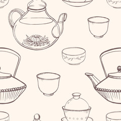 Poster - Gorgeous seamless pattern with traditional Asian tea ceremony tools hand drawn in monochrome colors with contour lines - teapot, cups or bowls, kettle. Vector illustration for fabric print, wallpaper.