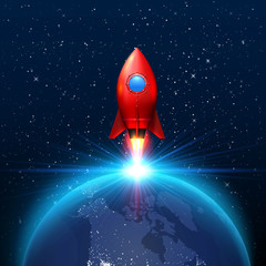 space red rocket launch creative art, planetary startup . vector illustration