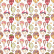Composition with hot air balloons and blimps, watercolor illustration. Seamless pattern.