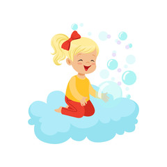 Poster - Sweet little girl sitting on cloud playing with soap bubbles, kids imagination and dreams vector illustration